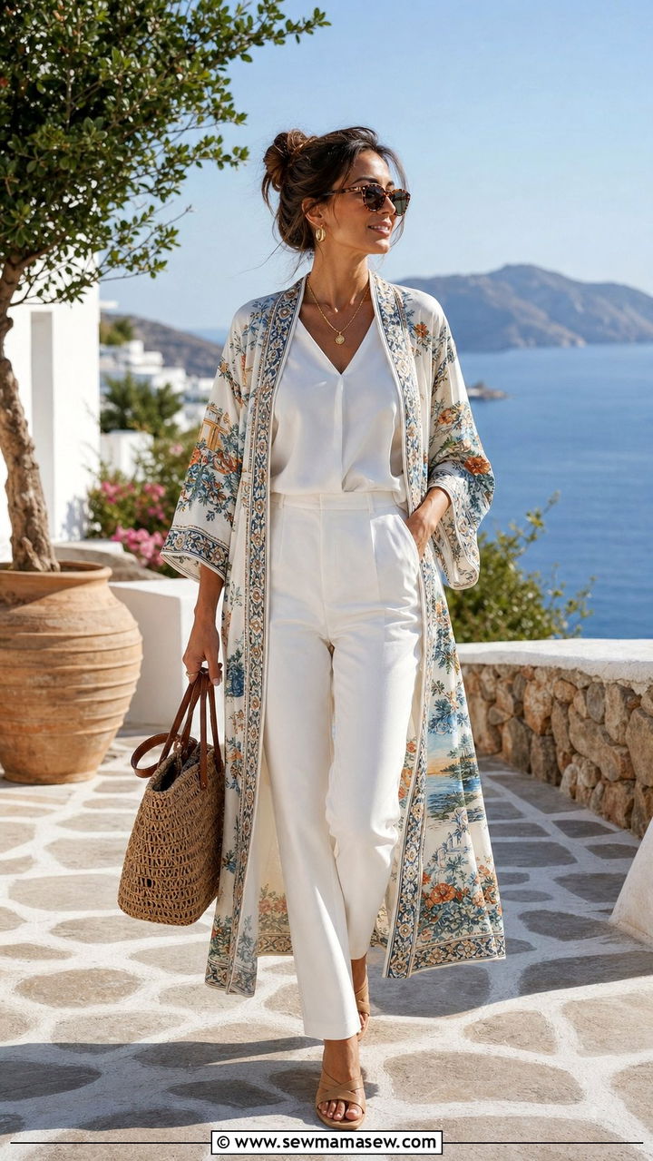 Silk robe as a coat over an all white outfit - 25 Silk robe outfit ideas
