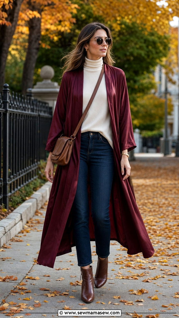 Silk robe over a turtleneck and jeans - 25 Silk robe outfit ideas
