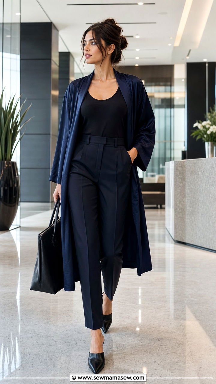 Silk robe with a bodysuit and tailored trousers - 25 Silk robe outfit ideas