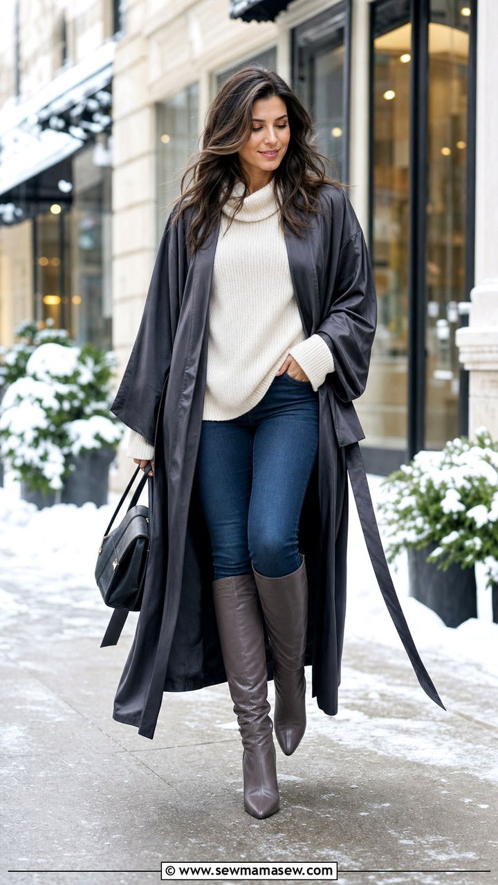 Silk robe with a knit sweater and knee high boots - 25 Silk robe outfit ideas