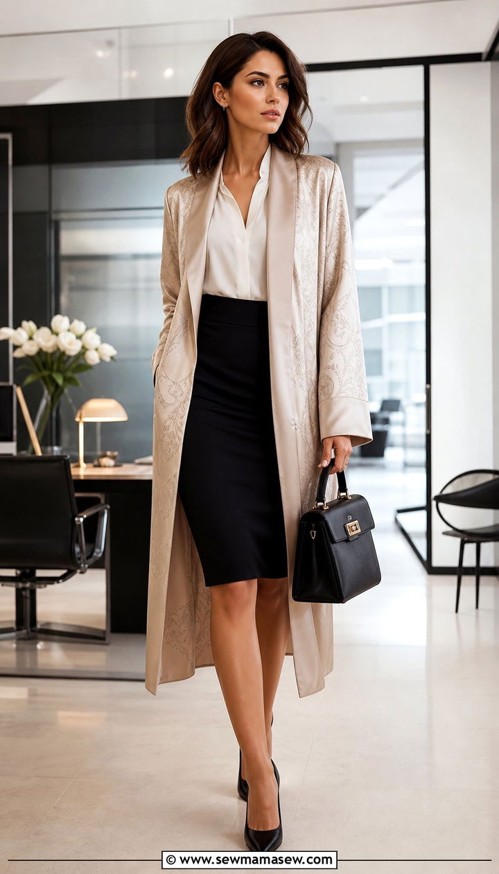 Silk robe with a pencil skirt and pumps - 25 Silk robe outfit ideas