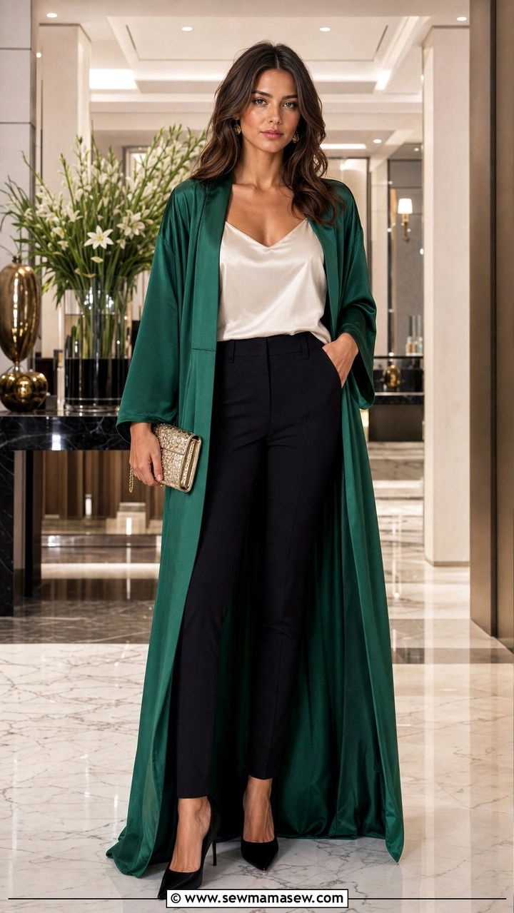 Silk robe with tailored trousers and heels - 25 Silk robe outfit ideas