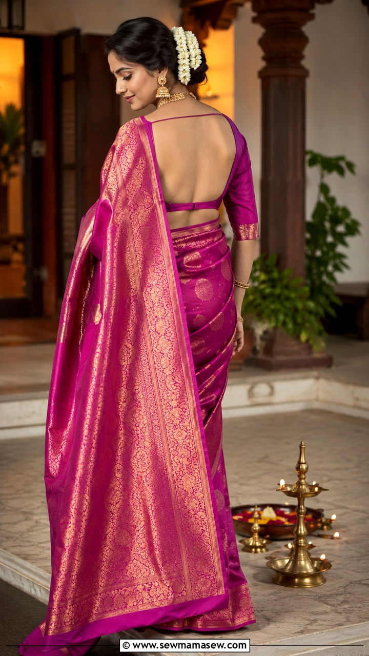 Silk saree with backless blouse - 30 Navratri outfit ideas
