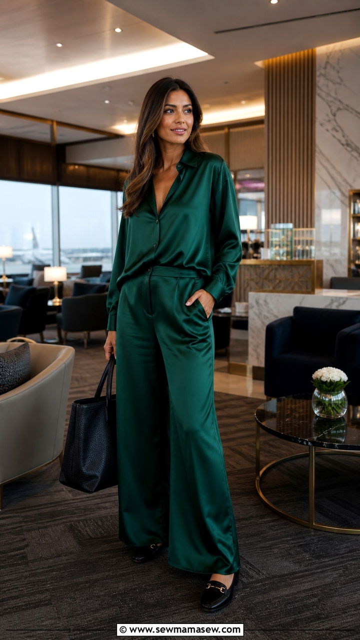 Silk satin matching set for long flight travel - 40 Long flight outfit ideas