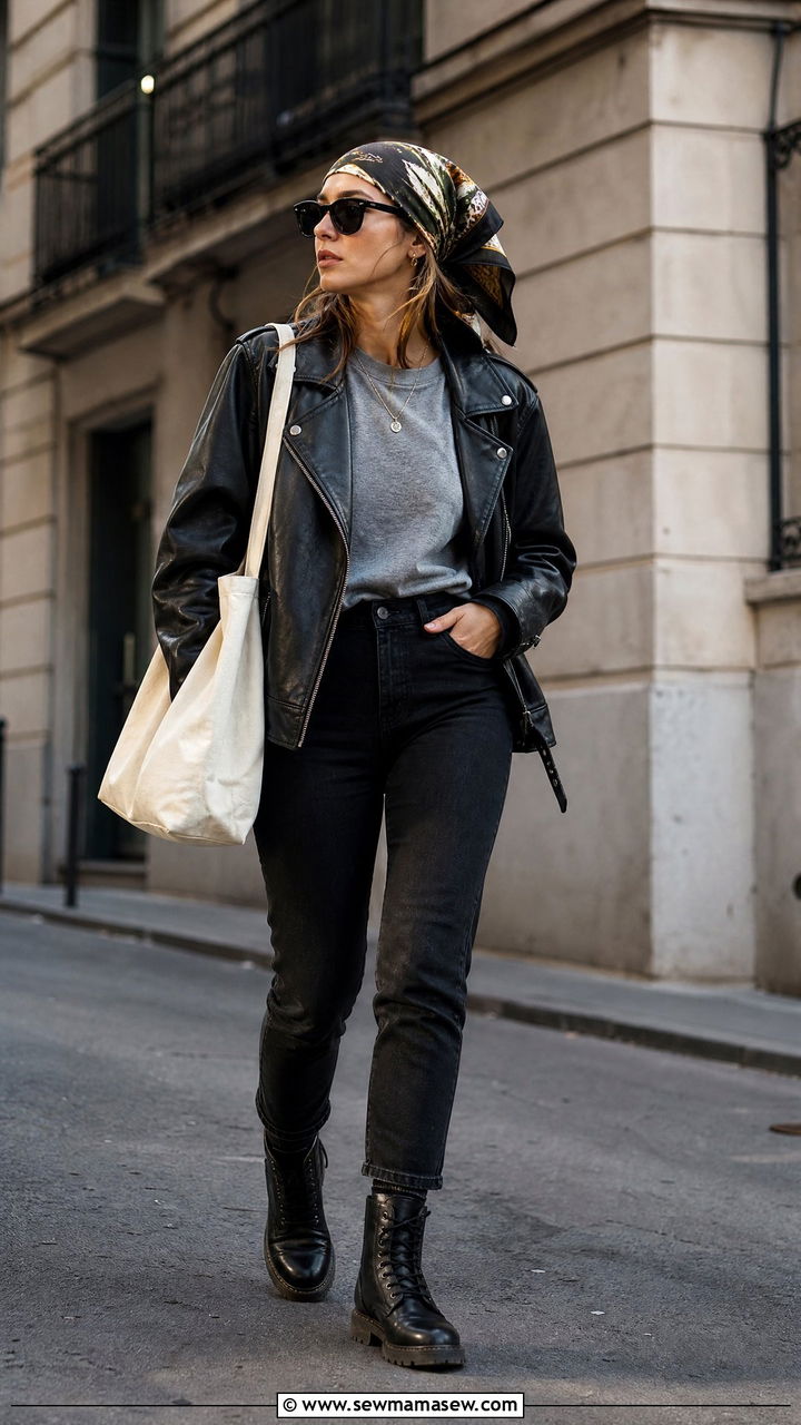 Silk scarf as a bandana with a leather jacket - 25 How to style a silk scarf