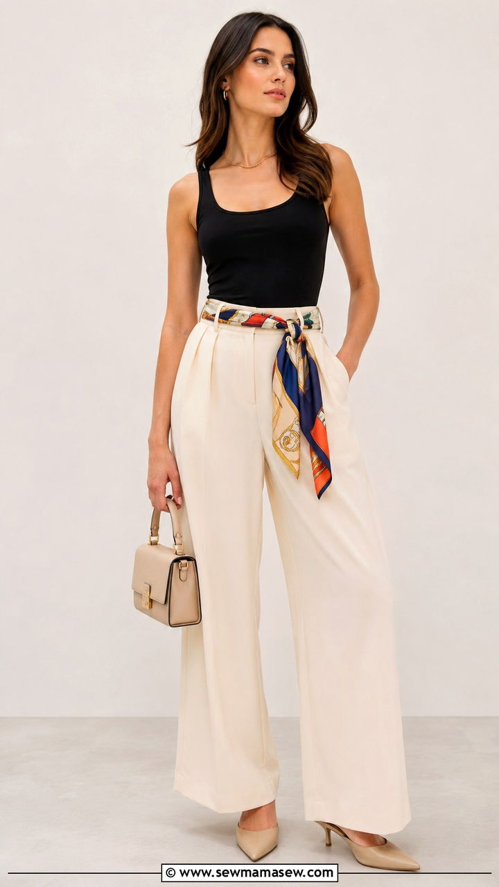 Silk scarf as a belt with wide leg trousers - 30 Ways to wear a silk scarf