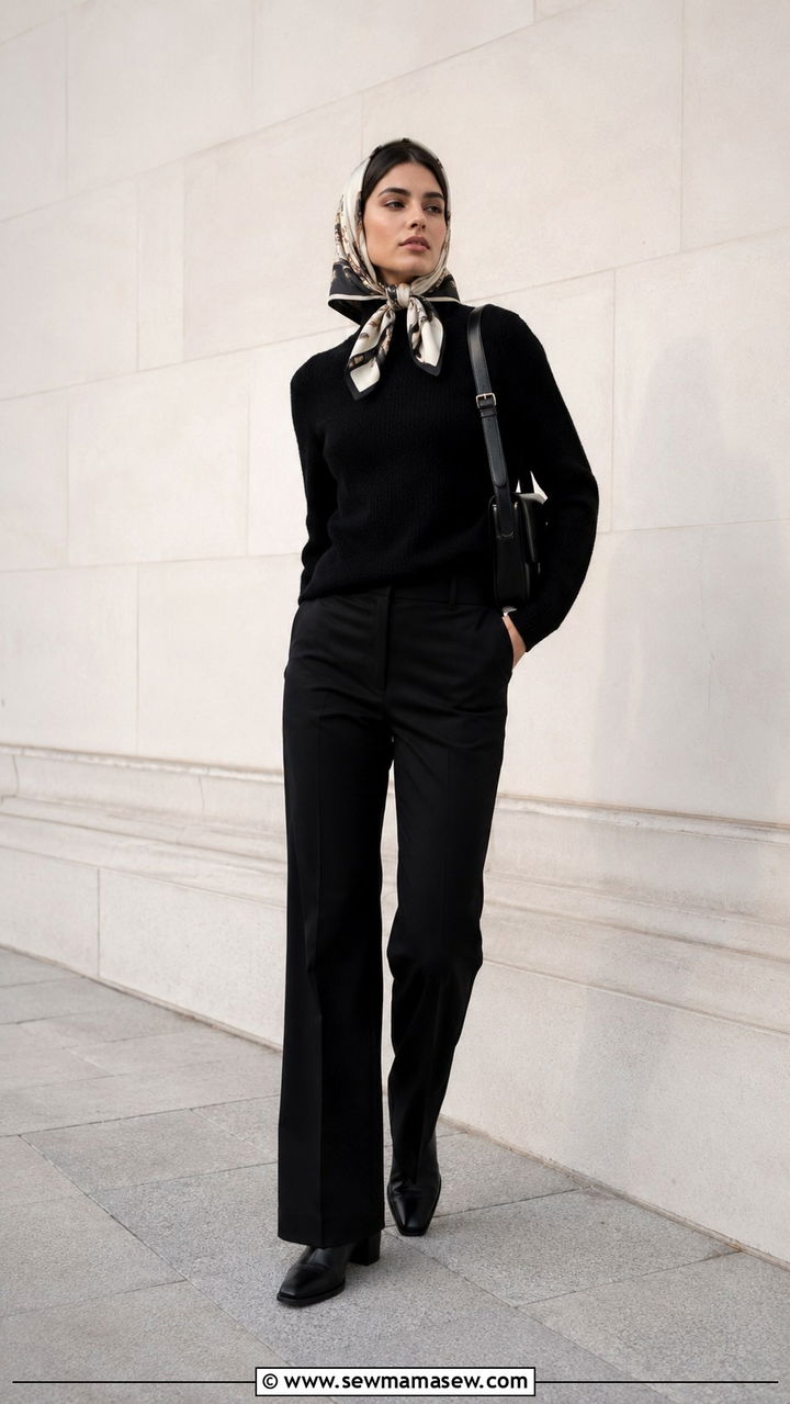 Silk scarf babushka headwrap with a minimalist outfit - 30 Ways to wear a silk scarf