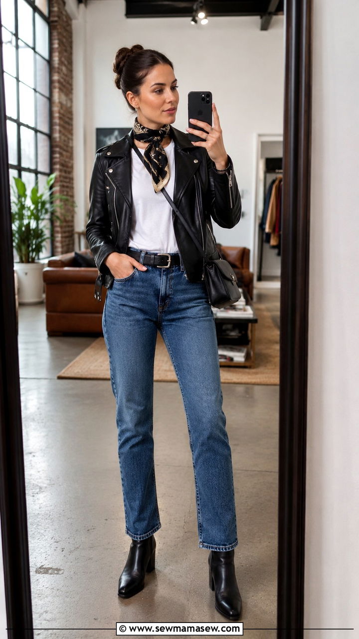 Silk scarf bandana with a leather jacket and jeans - 30 Ways to wear a silk scarf