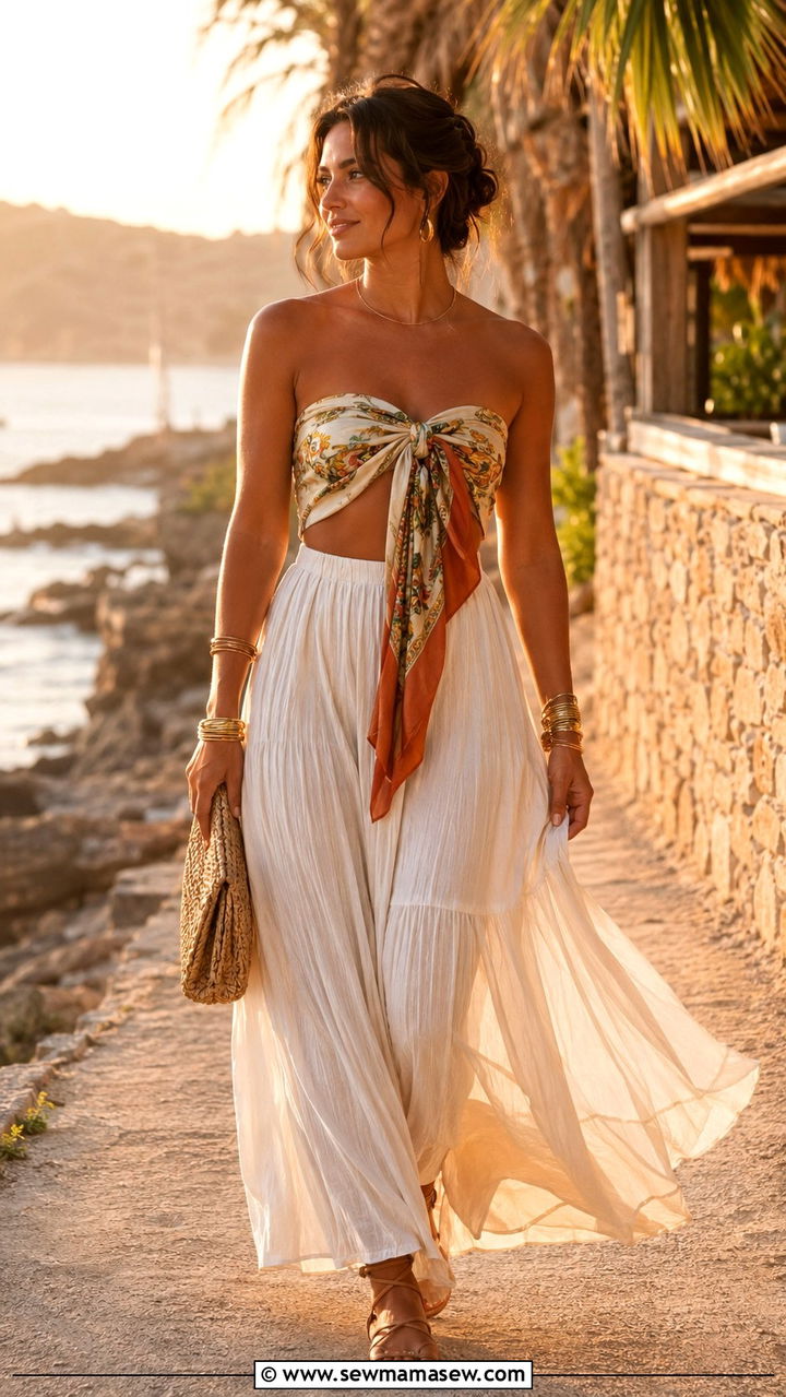 Silk scarf bandeau top with a maxi skirt - 30 Ways to wear a silk scarf