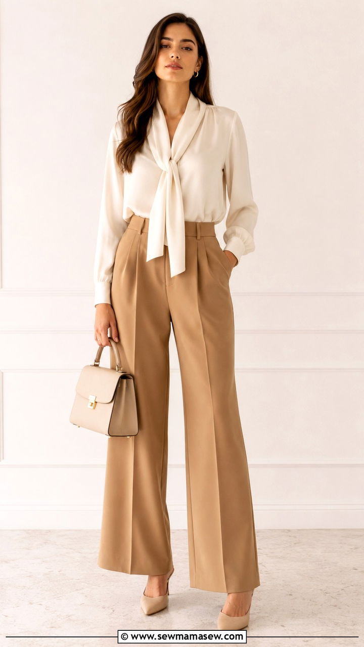 Silk scarf blouse and wide leg pants - 25 Work outfit ideas for Thursday