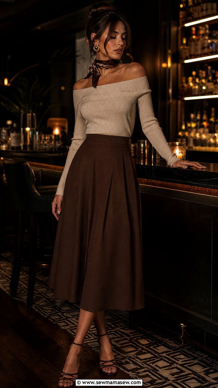 Silk scarf choker style with an off shoulder top and skirt - 30 Ways to wear a silk scarf