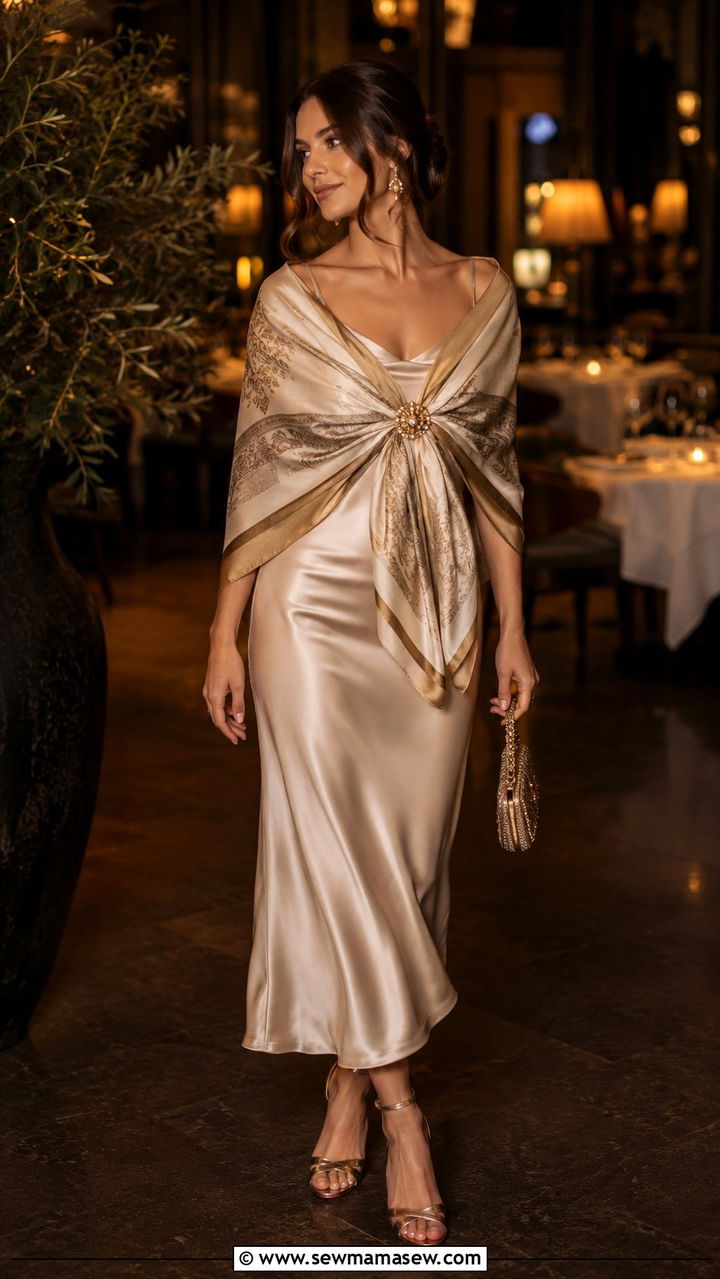 Silk scarf draped as a shawl over a slip dress - 30 Ways to wear a silk scarf