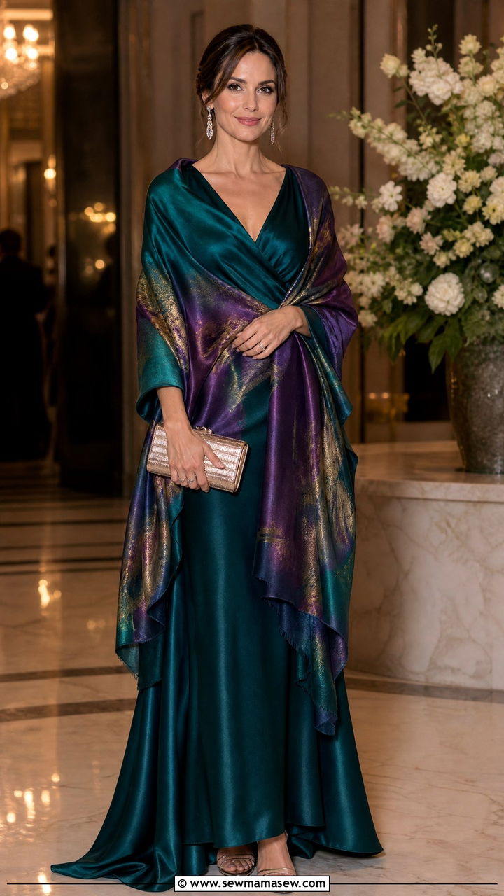 Silk scarf draped over the shoulders with an evening gown - 30 Ways to wear a silk scarf