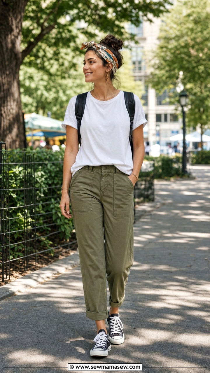 Silk scarf knotted front with white tee and utility pants - 25 Silk scarf in hair outfit ideas