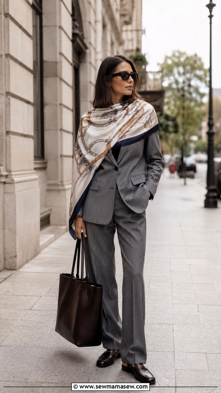 Silk scarf layered across the shoulders over a blazer - 30 Ways to wear a silk scarf