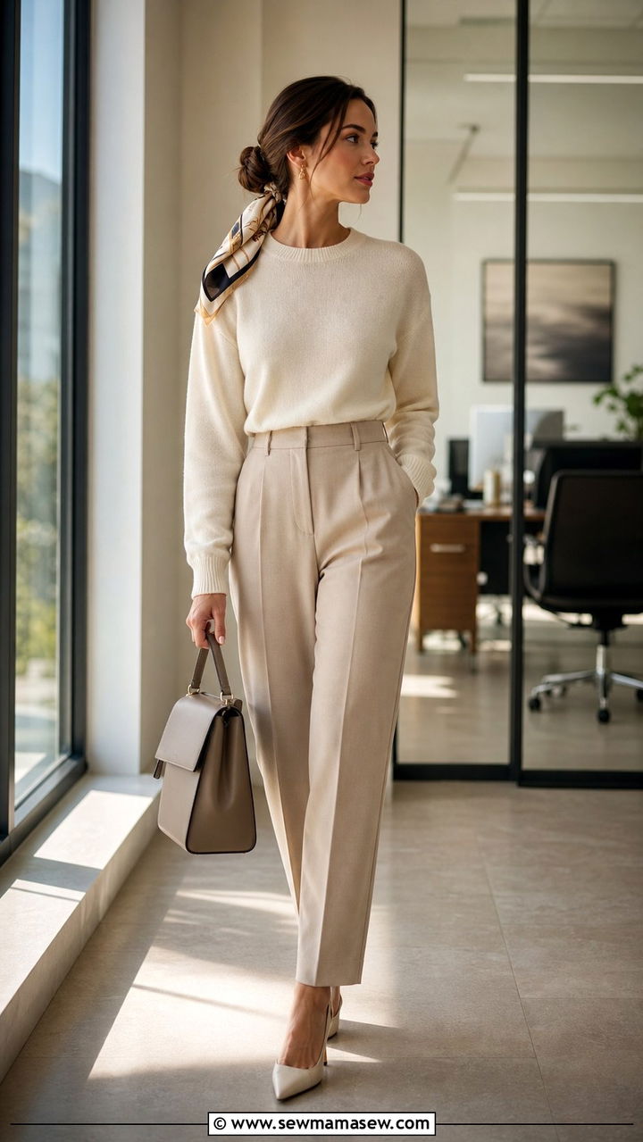 Silk scarf low bun wrap with tailored trousers - 25 Silk scarf in hair outfit ideas