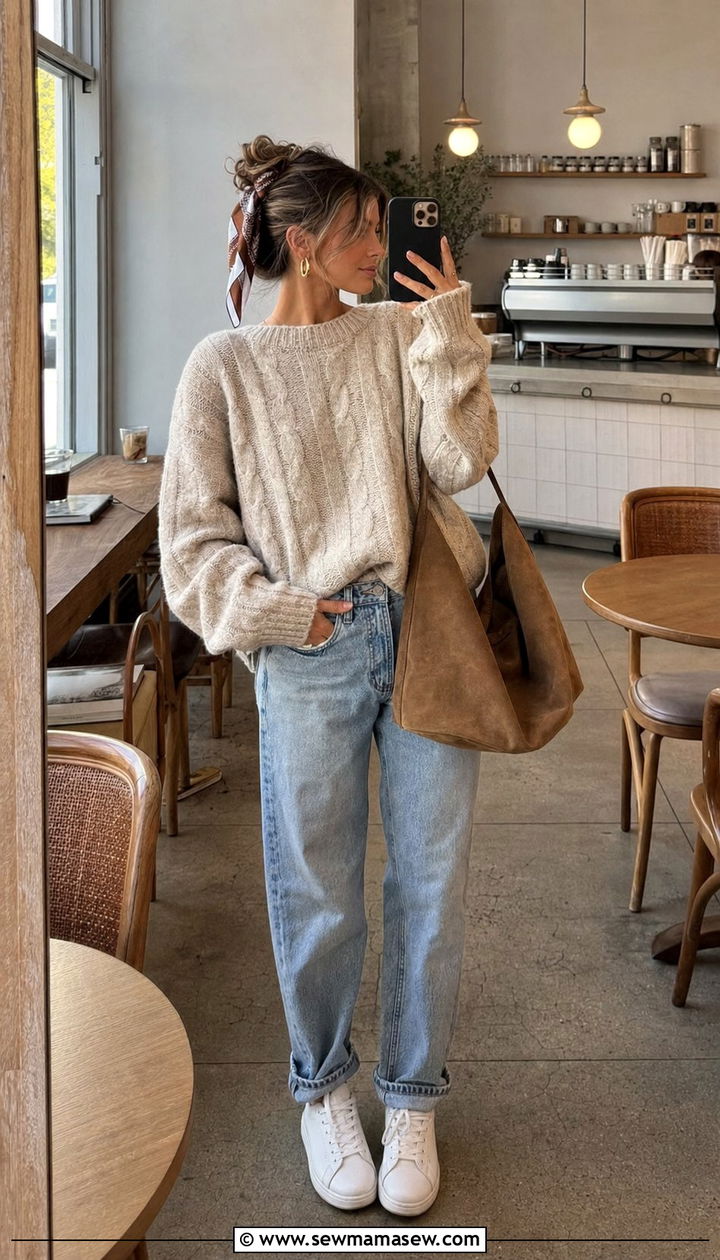 Silk scarf messy bun with knit sweater and relaxed jeans - 25 Silk scarf in hair outfit ideas