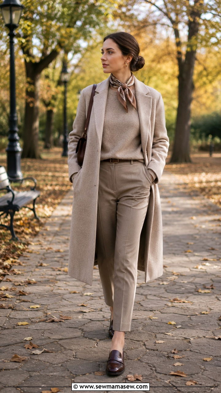 Silk scarf neckerchief with a fine knit sweater and trousers - 30 Ways to wear a silk scarf