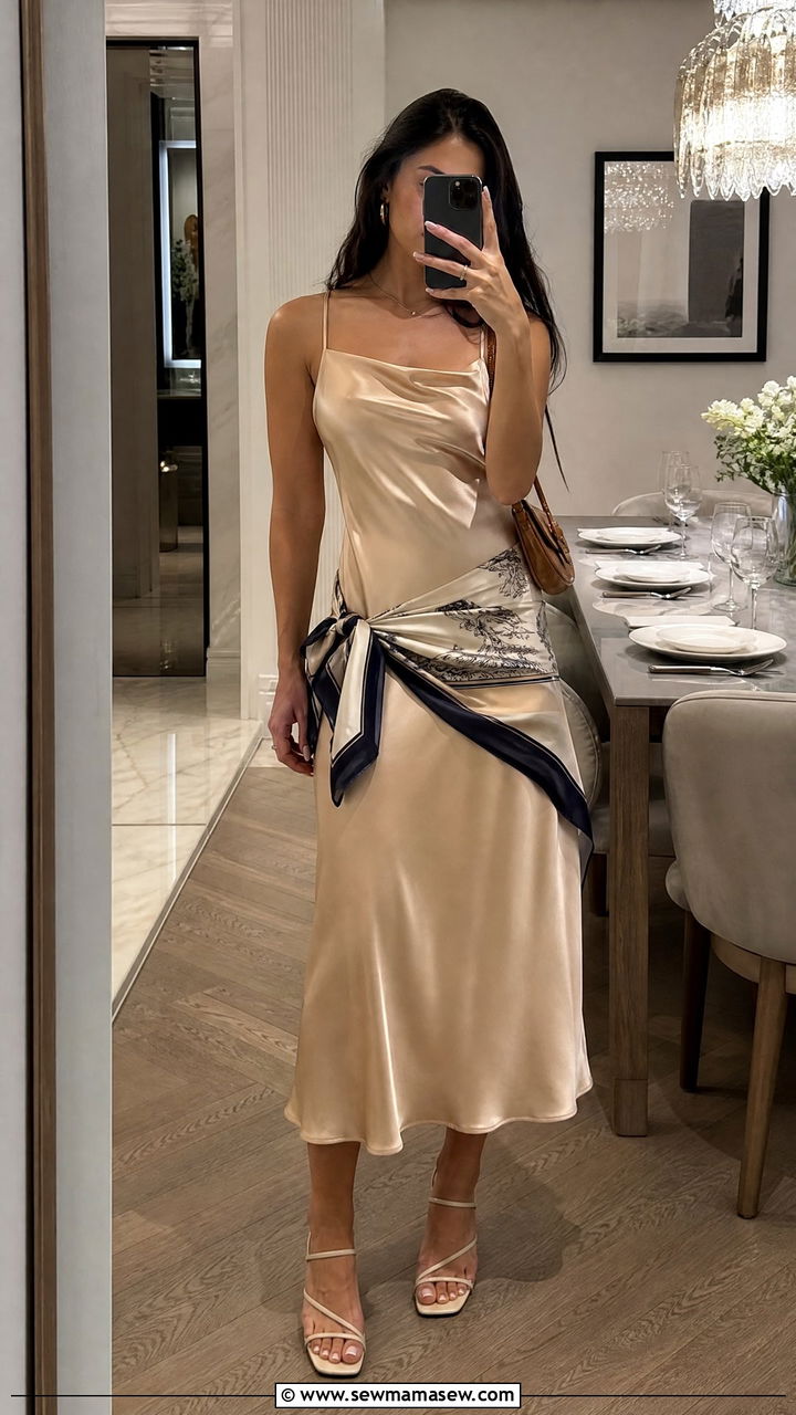 Silk scarf tied around the waist over a slip dress - 25 How to style a silk scarf