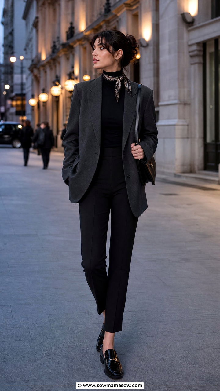 Silk scarf tied as a choker with a blazer - 25 How to style a silk scarf