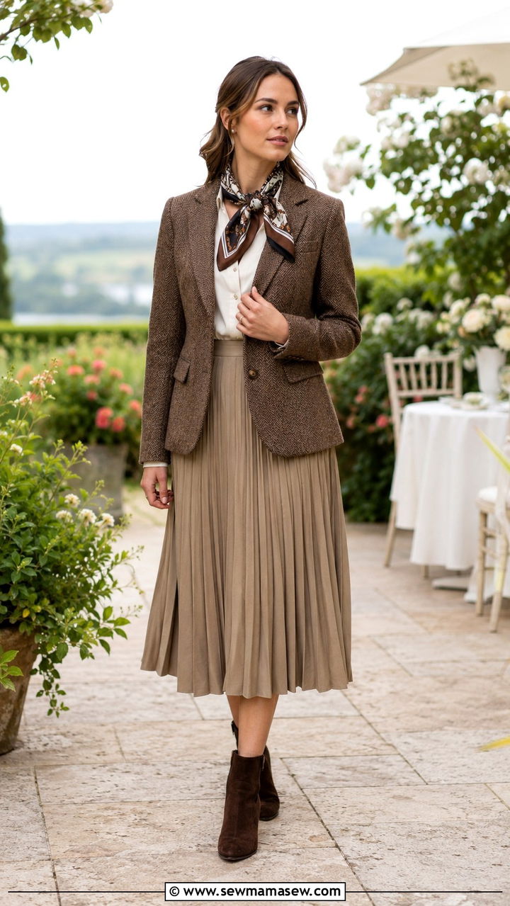 Silk scarf tied at neck with tweed jacket and midi skirt - 25 Old money outfit ideas with equestrian style
