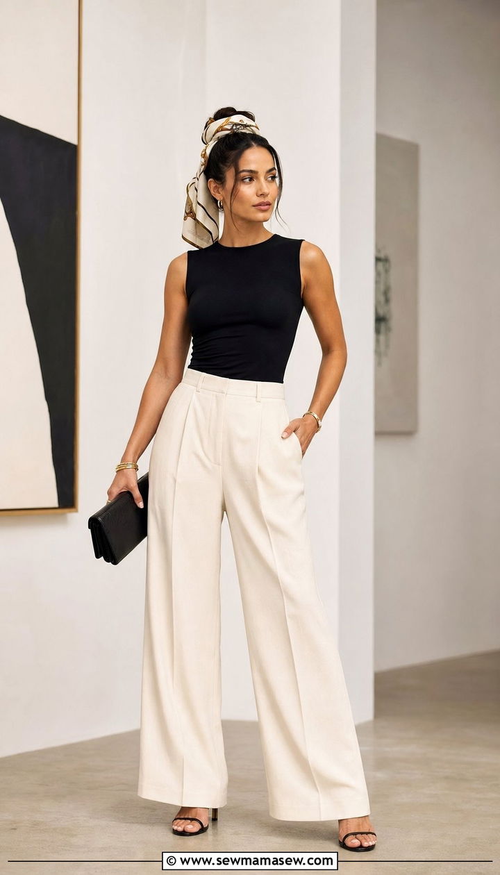 Silk scarf top knot with wide leg trousers - 25 Silk scarf in hair outfit ideas