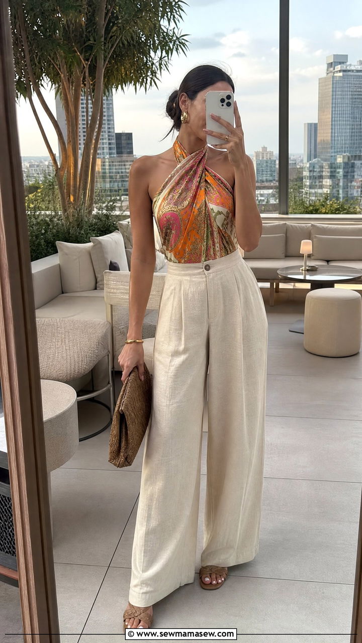 Silk scarf top with high waisted linen pants - 30 summer office party outfit ideas