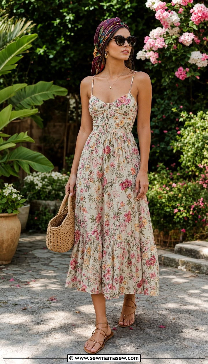 Silk scarf turban with floral midi dress - 25 Silk scarf in hair outfit ideas