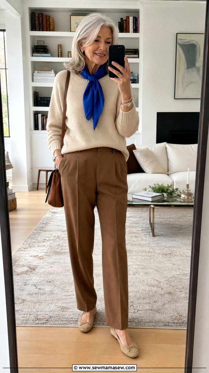 Silk scarf with a simple sweater and trousers - 30 French girl outfit ideas for women over 60