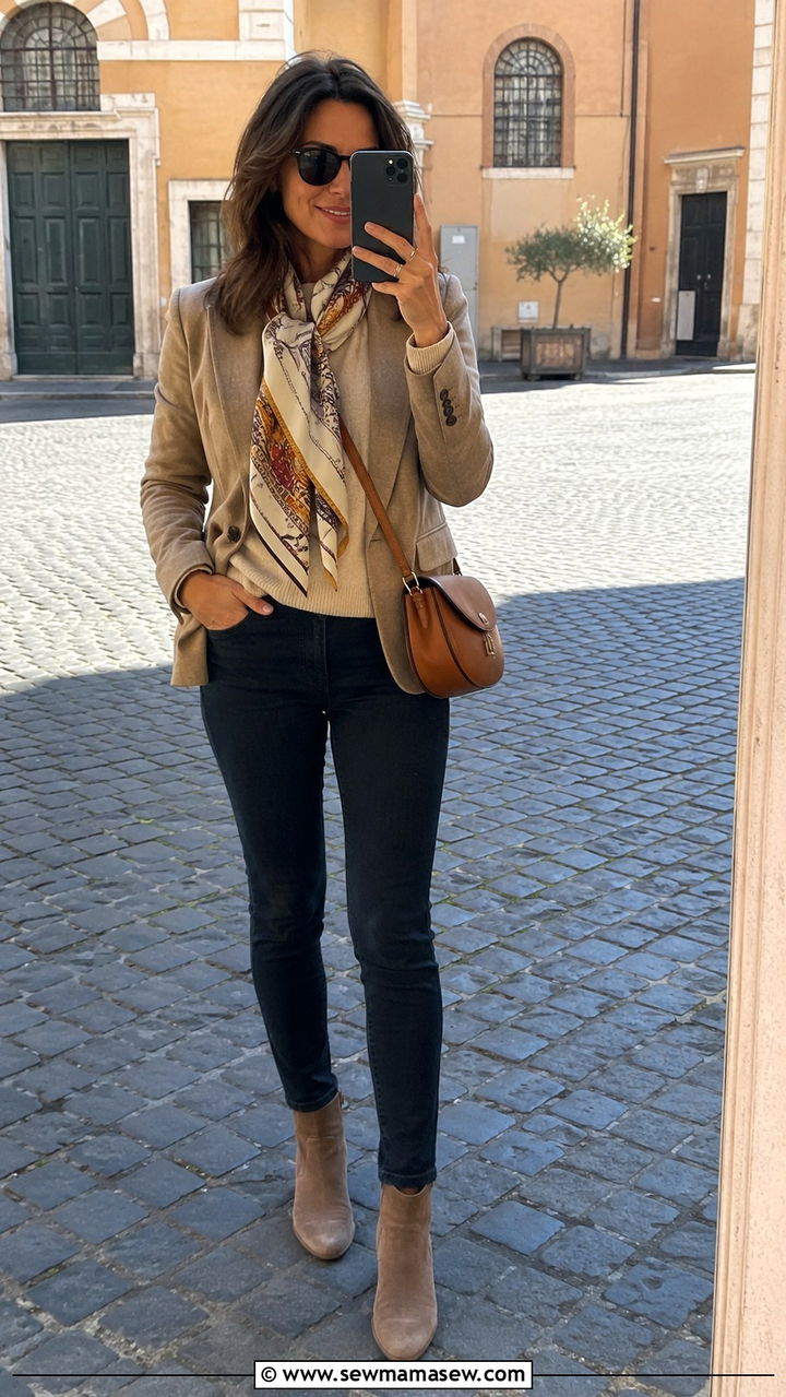 Silk scarf with cashmere sweater and jeans Rome outfit - 25 Rome outfit ideas