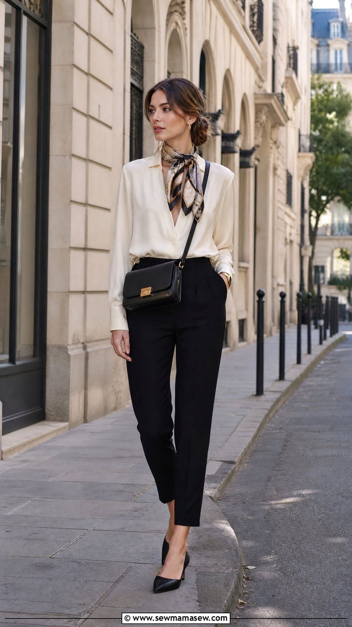 Silk scarf with neutral blouse and cigarette pants outfit - 30 French girl outfits to copy