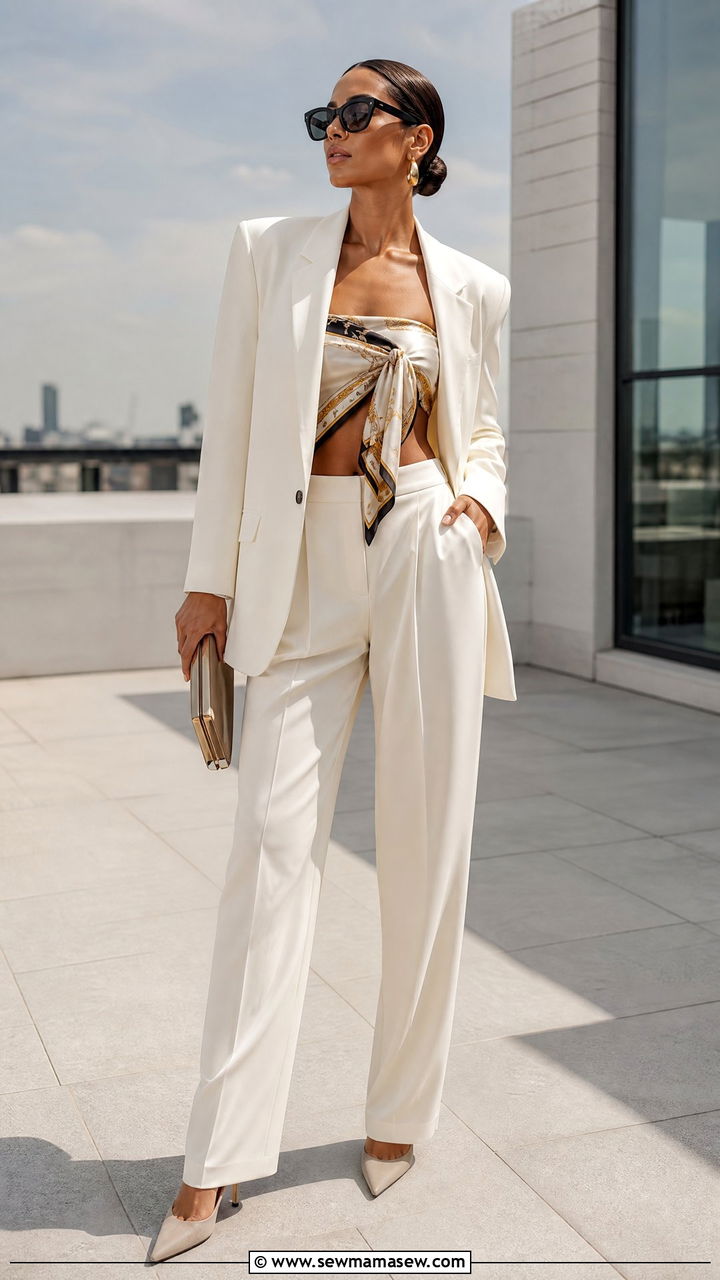 Silk scarf worn as a top under an open blazer - 30 Ways to wear a silk scarf