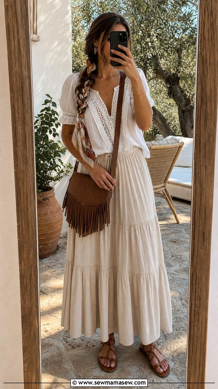Silk scarf woven braid with boho maxi skirt - 25 Silk scarf in hair outfit ideas
