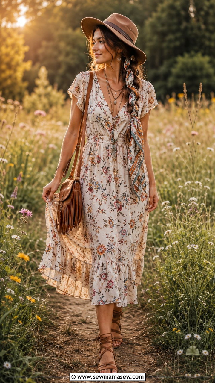 Silk scarf woven into a braid with a boho dress - 30 Ways to wear a silk scarf