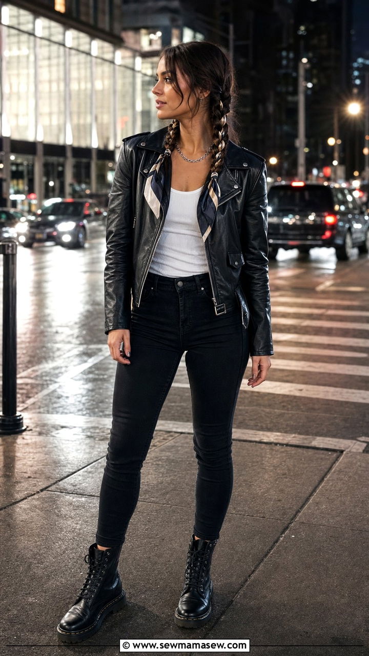 Silk scarf woven through braids with leather jacket - 25 Silk scarf in hair outfit ideas