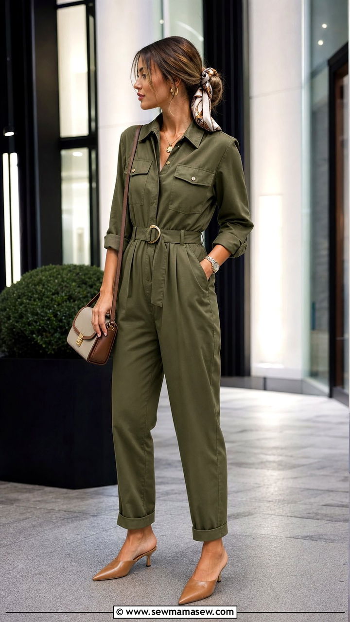 Silk scarf wrapped low chignon with one piece jumpsuit - 25 Silk scarf in hair outfit ideas