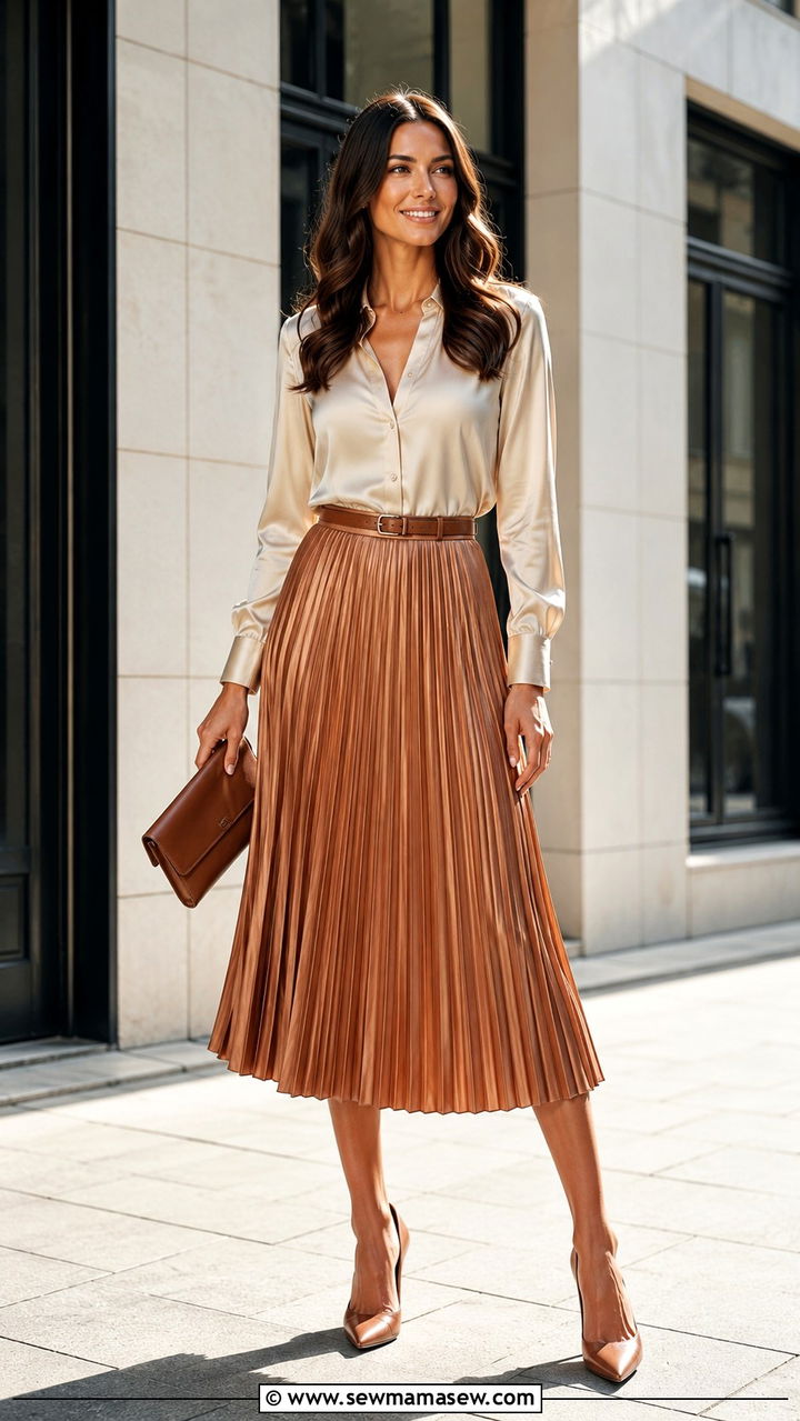Silk shirt and pleated midi skirt - 25 Wedding guest outfit ideas tall women