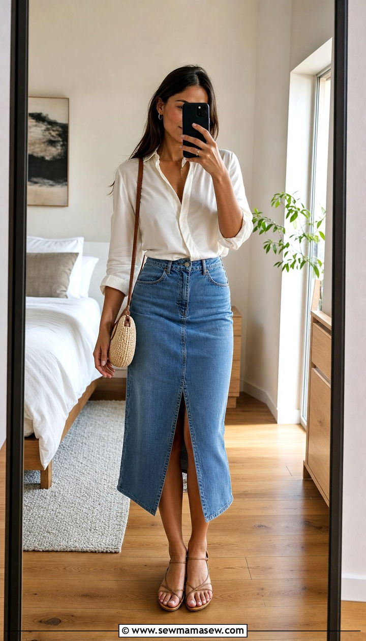 Silk shirt with denim skirt - 25 spring silk shirt outfit ideas