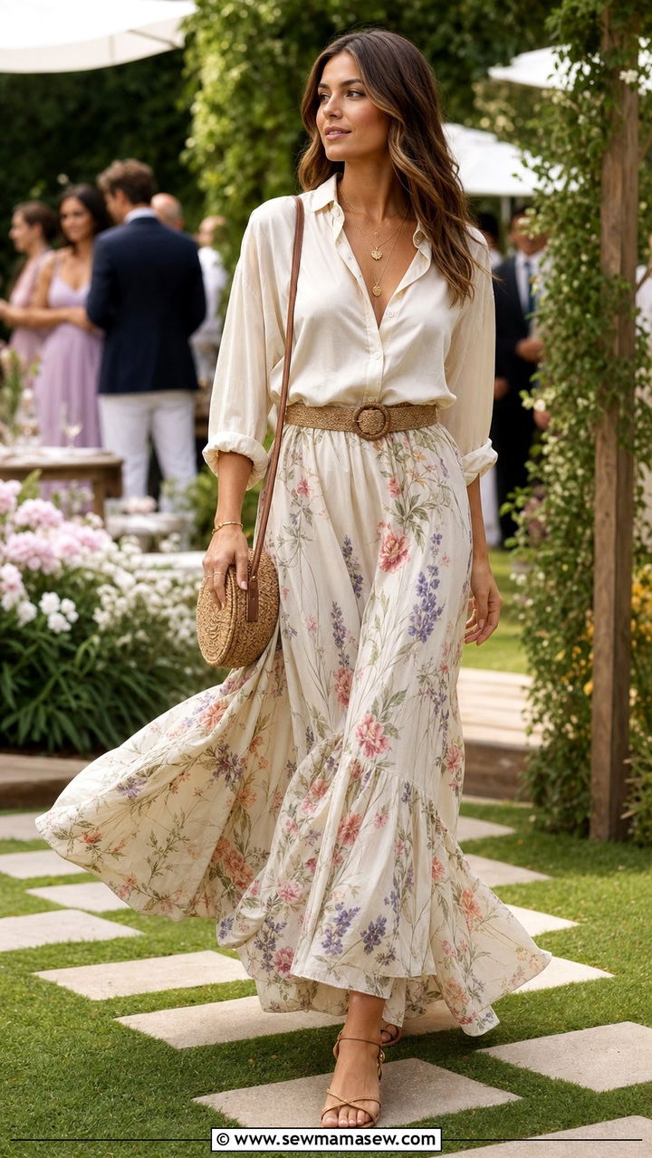 Silk shirt with maxi skirt - 25 spring silk shirt outfit ideas