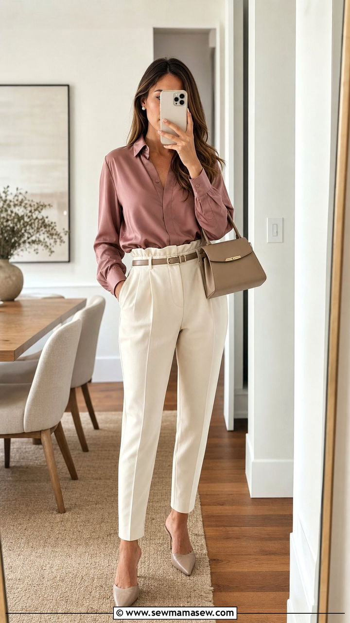 Silk shirt with paperbag waist pants - 25 spring silk shirt outfit ideas