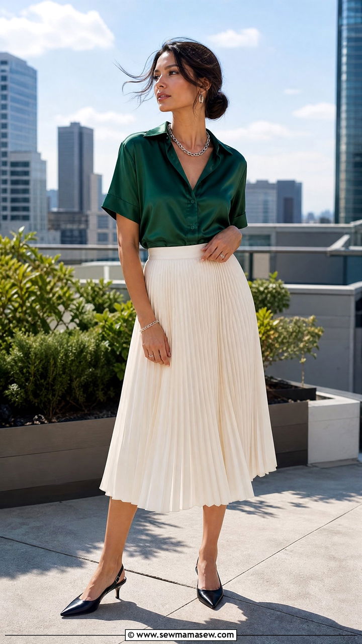 Silk shirt with pleated midi skirt - 30 Summer silk outfits