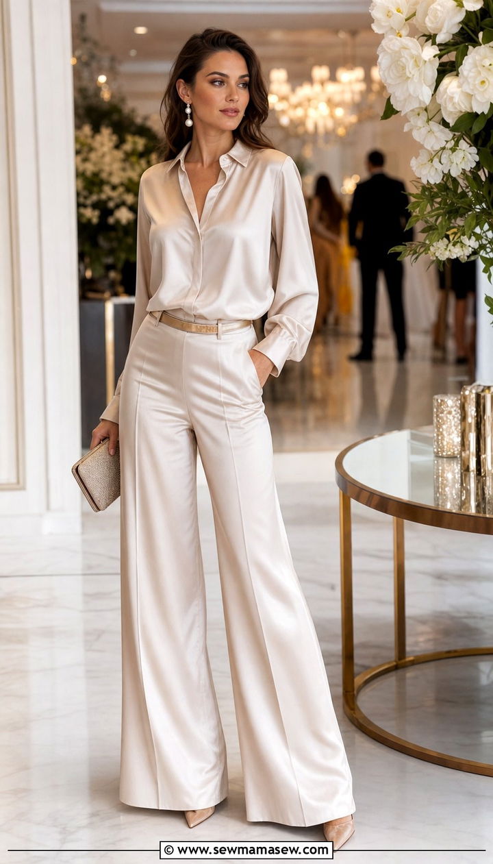 Silk shirt with satin pants - 25 spring silk shirt outfit ideas