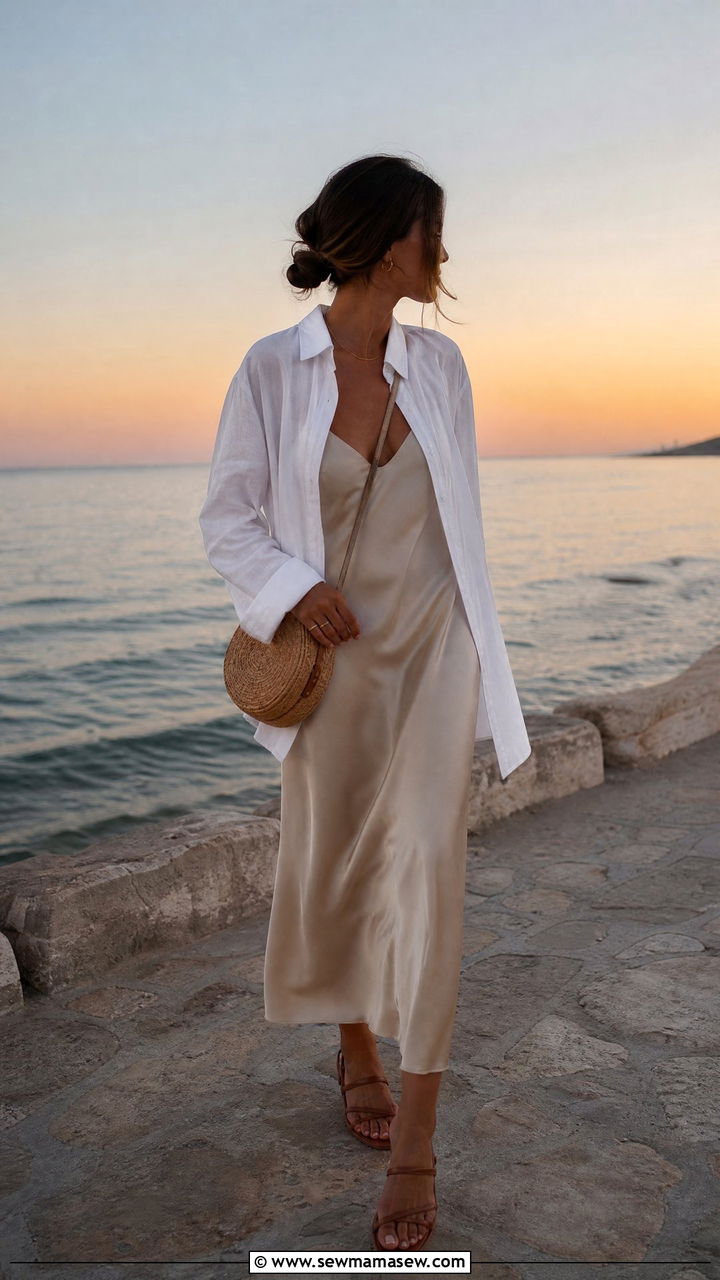 Silk slip dress and oversized linen shirt look - 25 Riviera outfit ideas