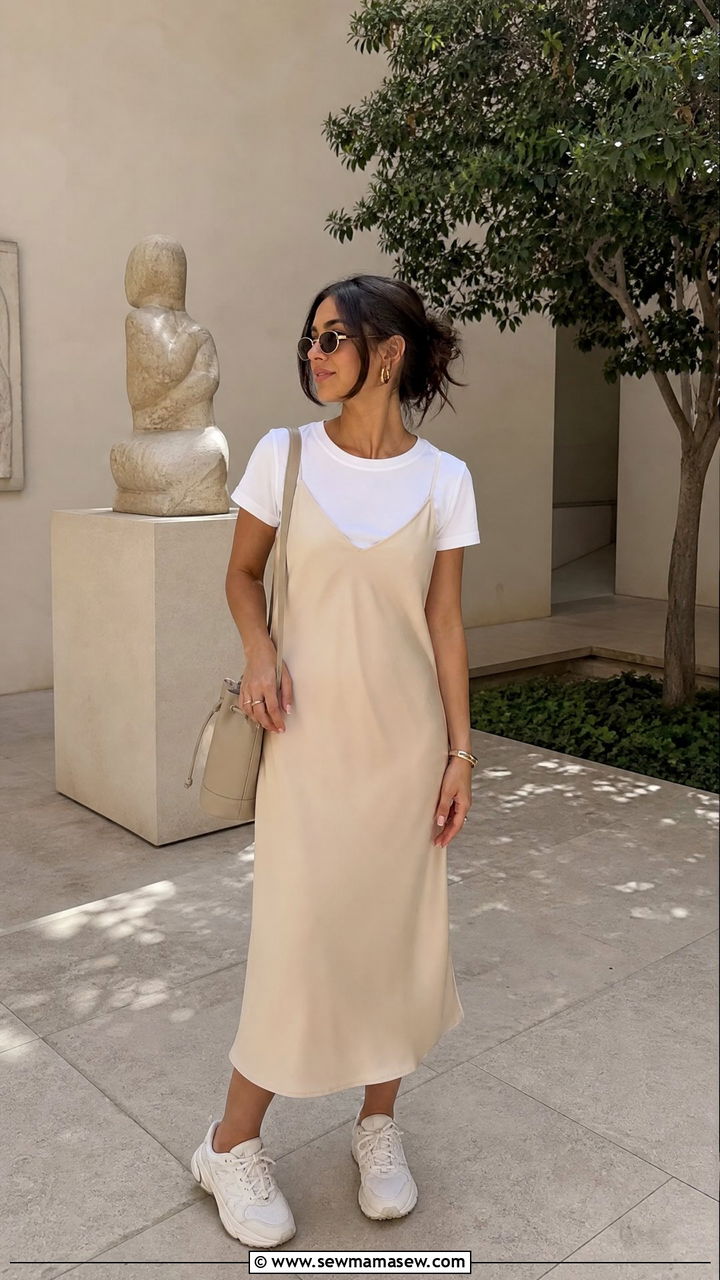 Silk slip dress layered over a tee - 30 Summer silk outfits