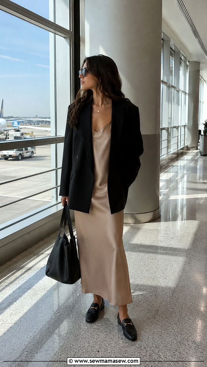 Silk slip dress under an unstructured blazer - 30 Quiet luxury outfit ideas for airport