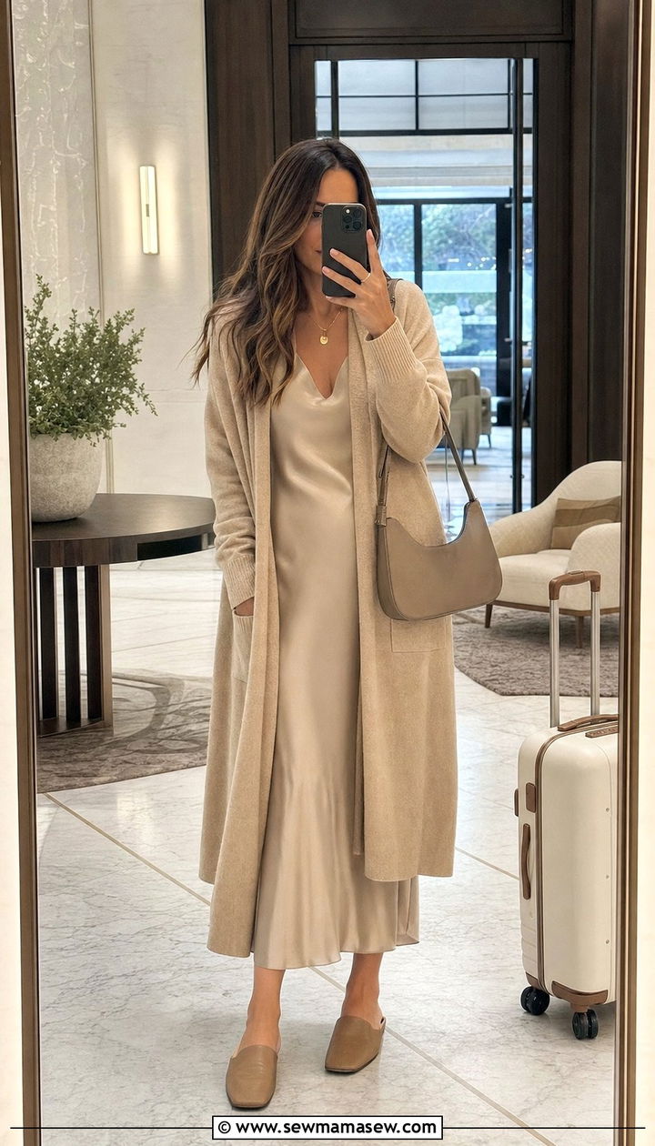 Silk slip dress with cashmere cardigan - 35 Airport outfit ideas quiet luxury