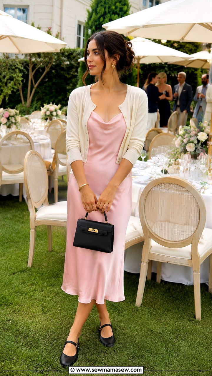 Silk slip dress with cropped cardigan - 25 Old money outfit ideas with Mary Jane flats