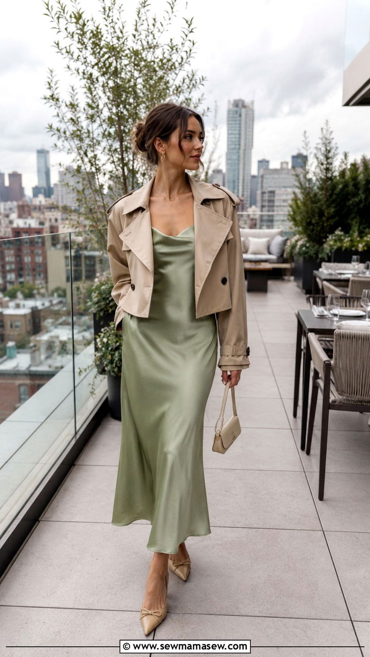 Silk slip dress with kitten heels - 30 spring rooftop dinner outfit ideas