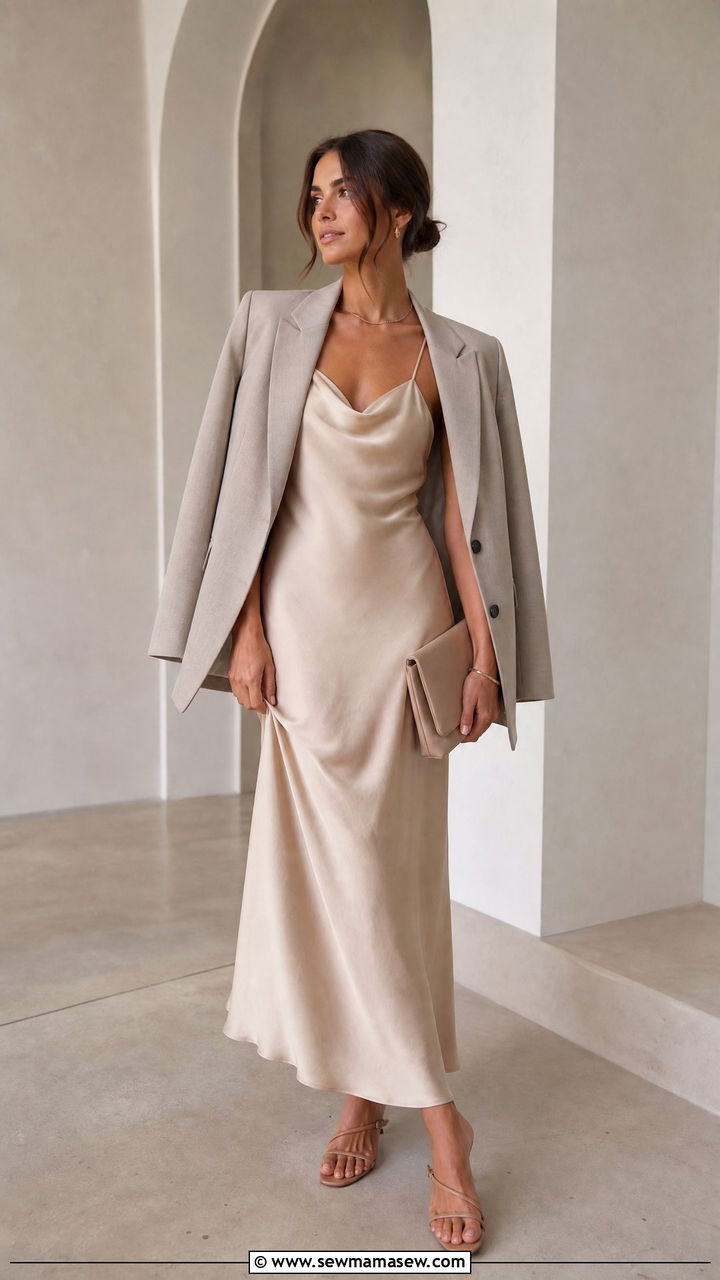 Silk slip dress with oversized blazer outfit - 25 Quiet luxury outfit ideas spring 2026