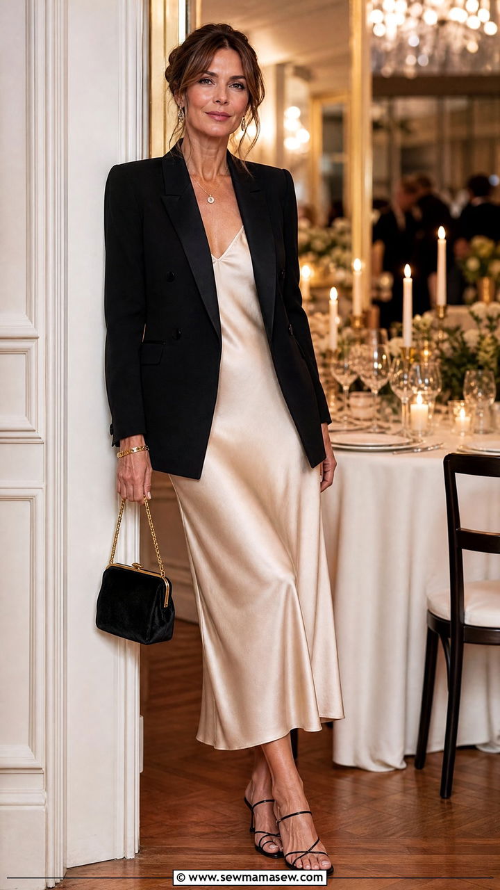 Silk slip dress with tailored jacket - 35 French girl outfit ideas for women over 40